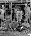 ENEMY PRISONERS being fed canned rations by Australian soldiers