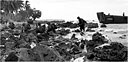 men crouch low awaiting instructions to advance inland