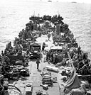 MEN AND EQUIPMENT ON BOARD AN LST waiting to move in on D Day, Iwo Jima