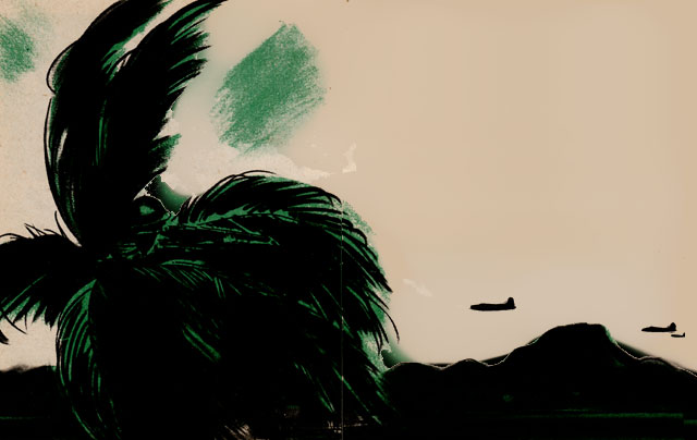 Color sketch of aircraft above palms and mountains