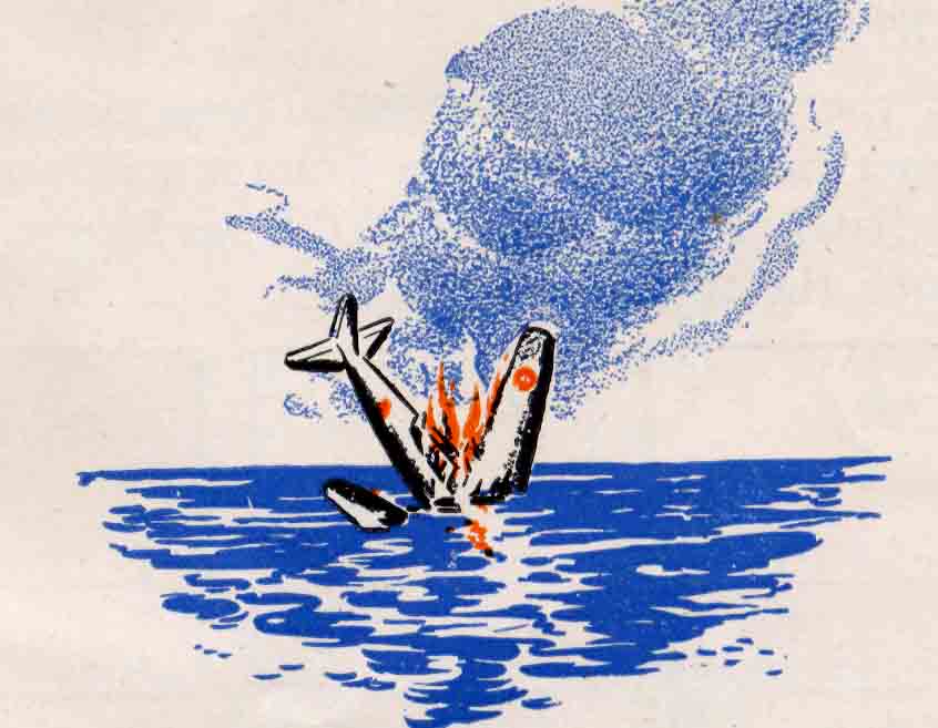 Burning ariplane crashed in the sea.