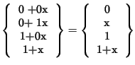 $\displaystyle \left\{
\begin{tabular}{c} 0 +0x\\ 0+ 1x\\ 1+0x\\ 1+x\\ \end{tab...
...ight\} = \left\{ \begin{tabular}{c} 0\\ x\\ 1\\
1+x\\ \end{tabular} \right\} $