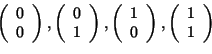 \begin{displaymath}\left(
\begin{array}{c}
0\\
0
\end{array}
\right), \lef...
...ight), \left(
\begin{array}{c}
1\\
1
\end{array}
\right) \end{displaymath}