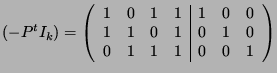 $\displaystyle (-P^t I_k)= \left( \begin{array}{cccc\vert ccc} 1&0&1&1&1&0&0\\ 1&1&0&1&0&1&0\\ 0&1&1&1&0&0&1 \end{array}\right)$