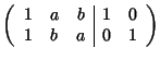 $\displaystyle \left( \begin{array}{ccc\vert cc} 1&a&b&1&0\\ 1&b&a&0&1 \end{array}\right)$