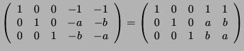 $\displaystyle \left( \begin{array}{ccccc} 1&0&0&-1&-1\\ 0&1&0&-a&-b\\
0&0&1&-b...
...left( \begin{array}{ccccc} 1&0&0&1&1\\ 0&1&0&a&b\\ 0&0&1&b&a \end{array}\right)$