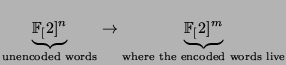 $\displaystyle \underbrace{\FF[2]^n}_{\textrm{unencoded words}}
\rightarrow \underbrace{\FF[2]^m}_{\textrm{where the encoded words live}}$