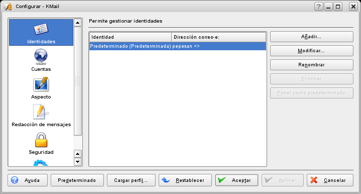 Los módulos de KMail para identidades.
