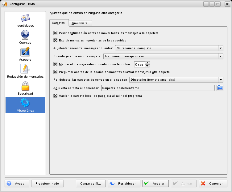 Los módulos de KMail para las carpetas de mensajes y el Groupware.